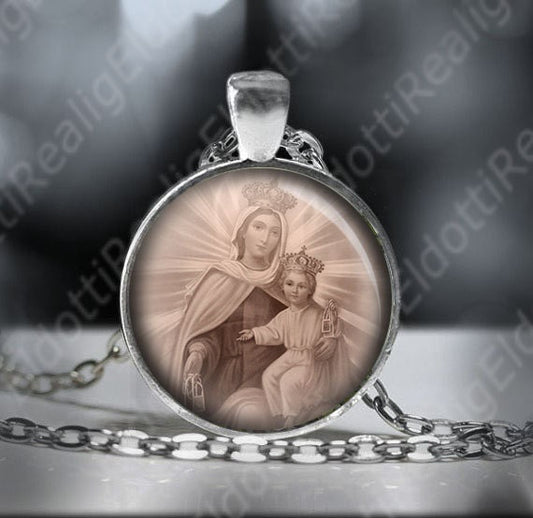 Our Mother of Mount Carmel Necklace. Virgin Mary Catholic Religious Pendant Medal.