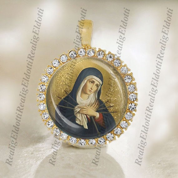 Seven Sorrows, Our Lady of Sorrows - Christian Catholic Gold Medal Pendant / Charm with Rhinestones