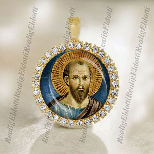 St. Paul Religious Christian Catholic Gold Tone Medal Pendant Cabochon