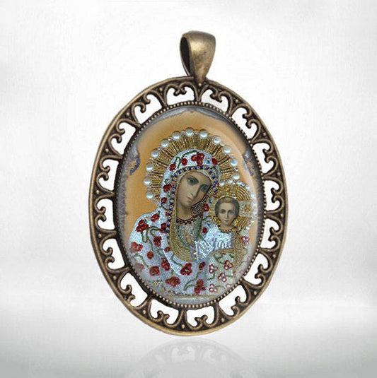 Blessed Virgin Mary Holy Mother Medal Bronze Tone Christian Orthodox Icon