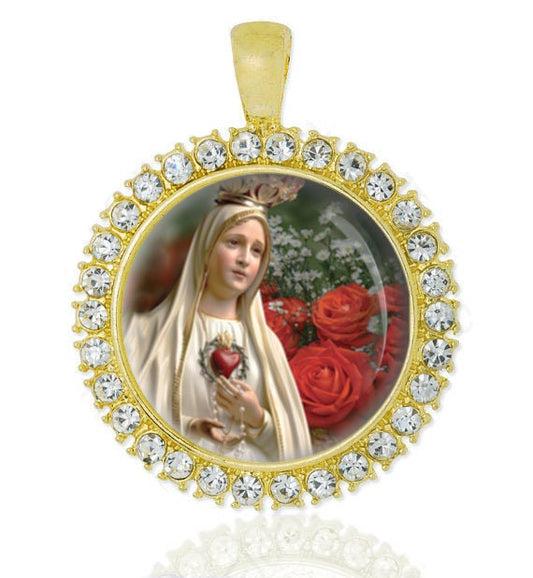 Our Lady of Fatima Gold Tone Pendant Virgin Mary with Roses Medal with Rhinestones