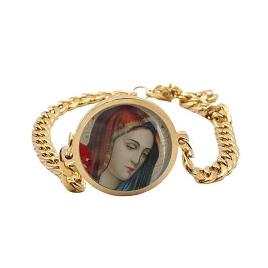 Our Lady Tears Sorrowful Mary Curb Bracelet Gold or Silver tone Religious Jewelry Simple Chain