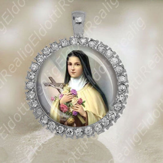 St. Therese of Lisieux Catholic Medal. Religious Medal With Rhinestones 34x42mm. Silver Tone Medal Pendant