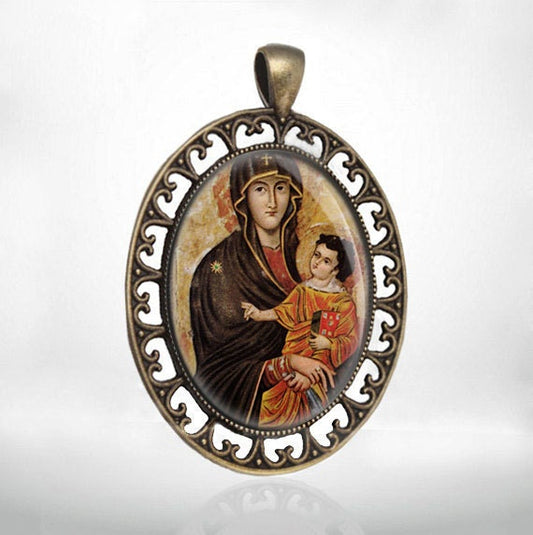 Our Lady of the Snows Catholic Medal Bronze Pendant Mary and Jesus Baby Religious  Style Jewelry