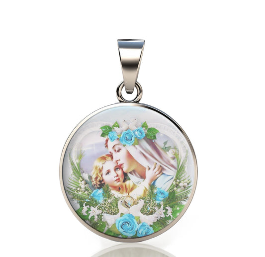 Our Lady Mother Mary And Baby Jesus With Blue Roses 925 Sterling Silver Round Pendant Christian Religious Medal Small 20mm