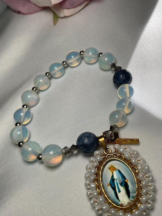 Rosary bracelet Decade Catholic Our Lady of Grace medal and Cross - Blue Coral and Opalite Beads