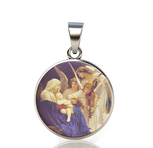 Our Lady Song Of The Angels 925 Sterling Silver Round Pendant Christian Religious Medal Small 20mm