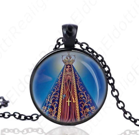 Our Lady of Aparecida Black Necklace Blue Color Blessed Virgin Mary Catholic Medal Religious Pendant Jewelry