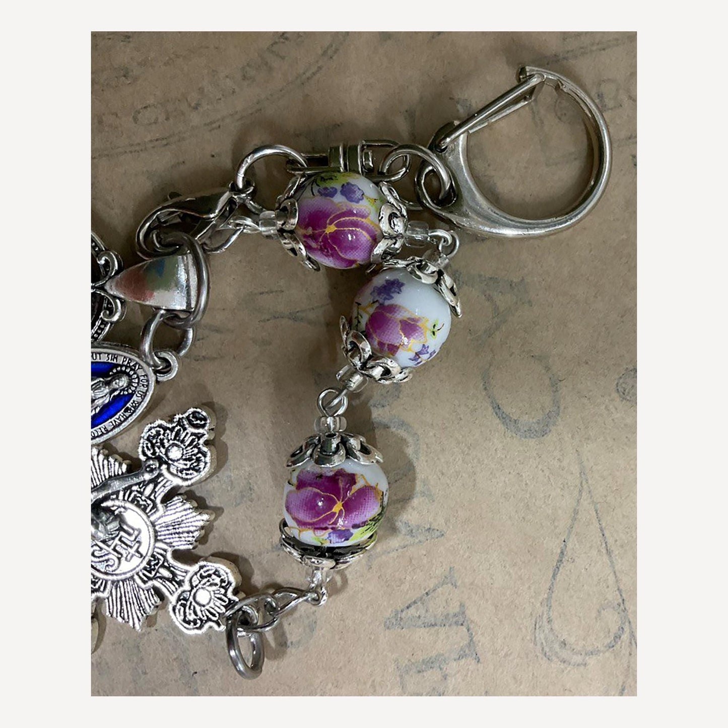 Miraculous Medal Three Hail Mary Chaplet Our Lady Rosa Mystica With Stunning Ceramic Floral beads  Devotional Medal Crucifix and Keychain