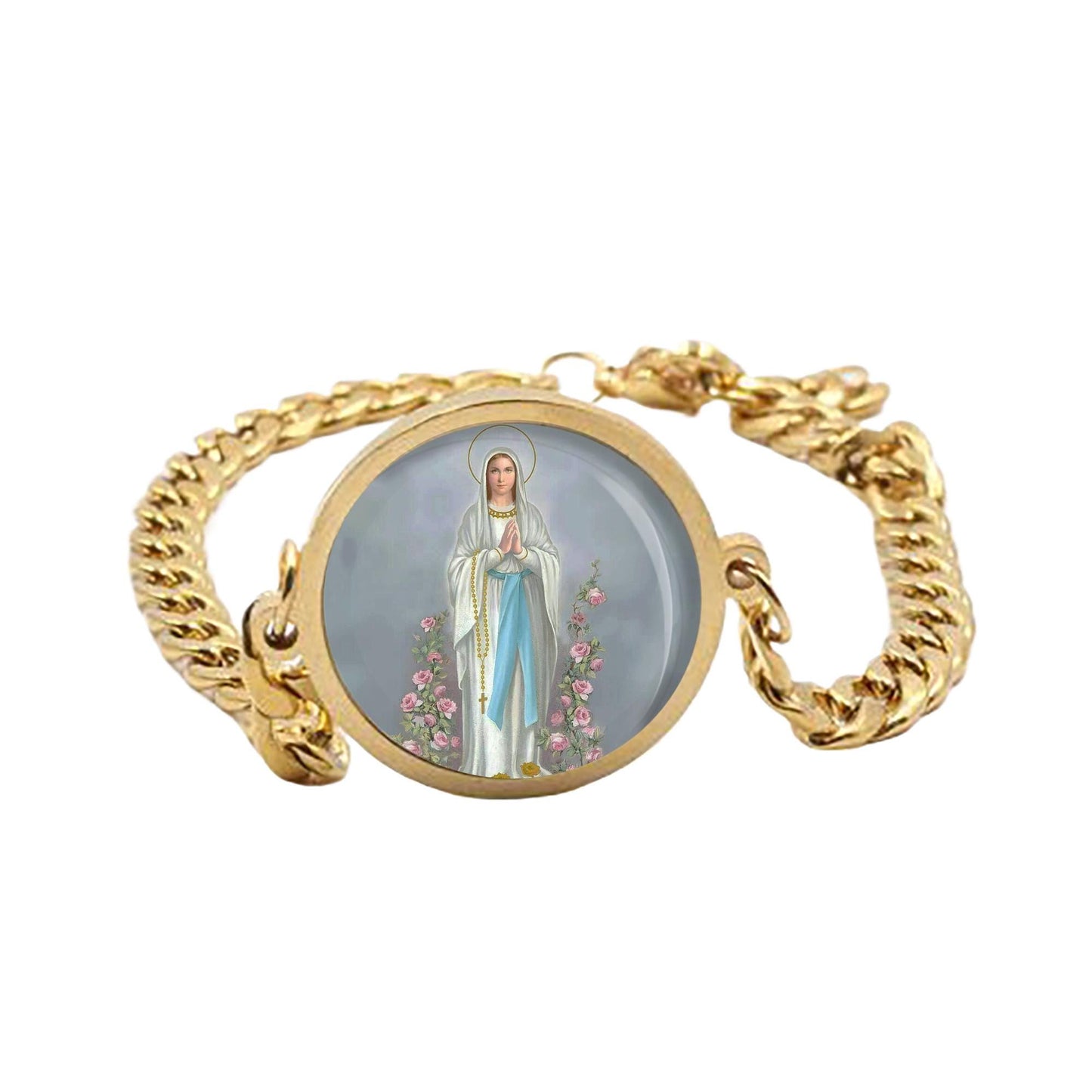 Our Lady Mary W Rosary Curb Bracelet Gold or Silver tone Religious Jewelry Simple Chain