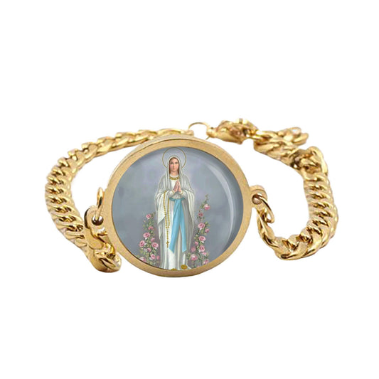 Our Lady Mary W Rosary Curb Bracelet Gold or Silver tone Religious Jewelry Simple Chain
