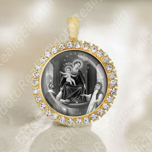 Our Lady Pompeii Catholic Medal Virgin Mary Pendant Jewelry Black and White