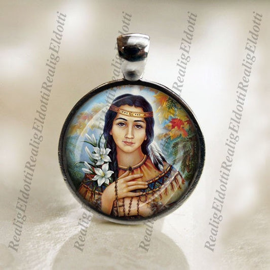 St. Kateri Tekakwitha Catholic Christian Silvertone Medal Pendant Patron Saint Religious Jewelry