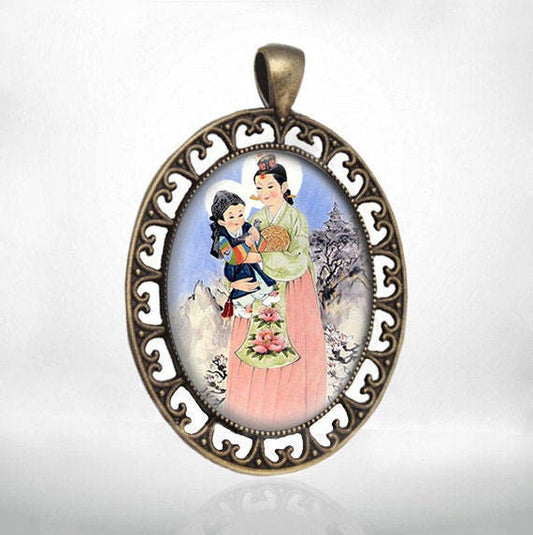 Religious Catholic Medal Pendant Cabochon Virgin Mary Korean Madonna