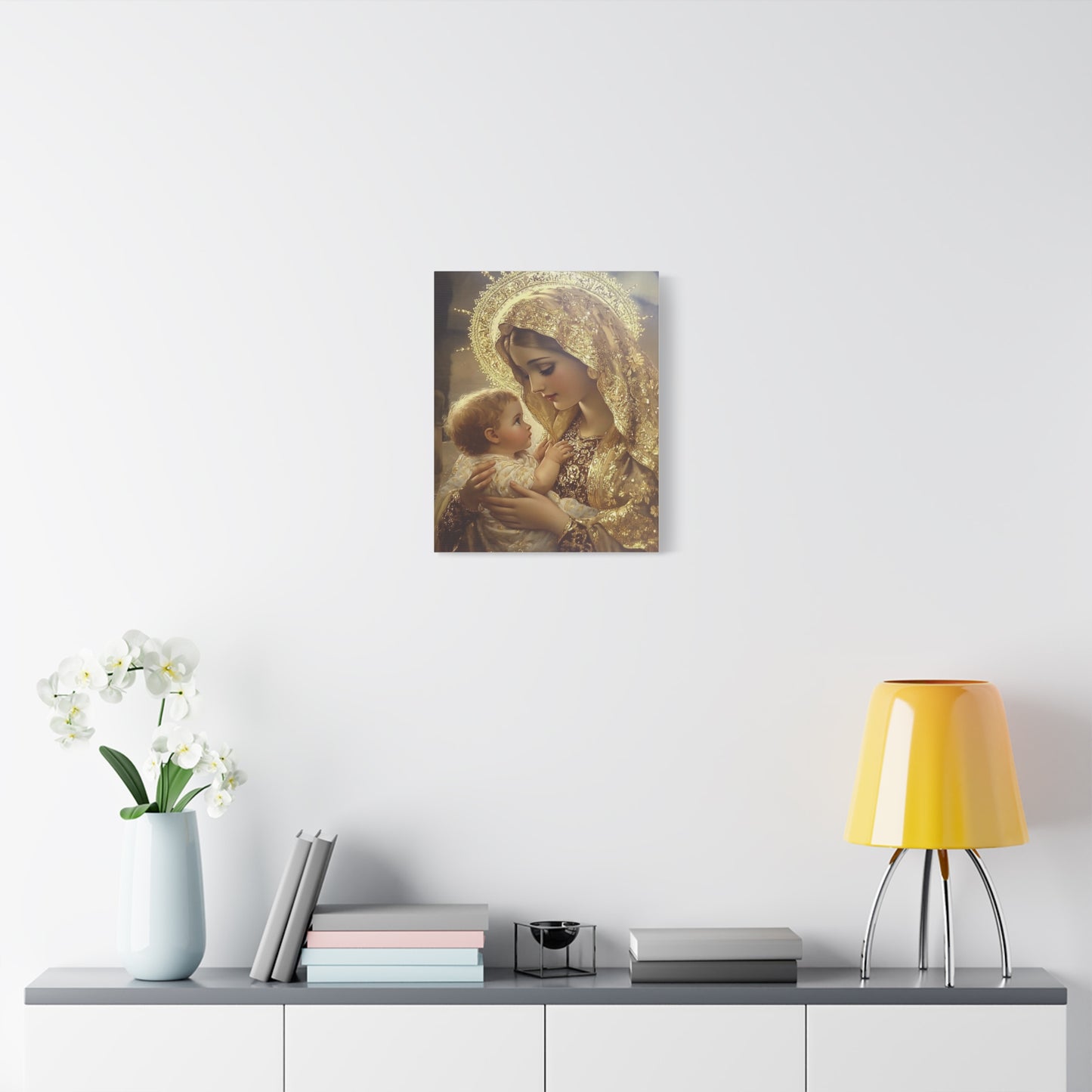 Mary and Baby in Gold Catholic Canvas Wall Art, Christian Decor