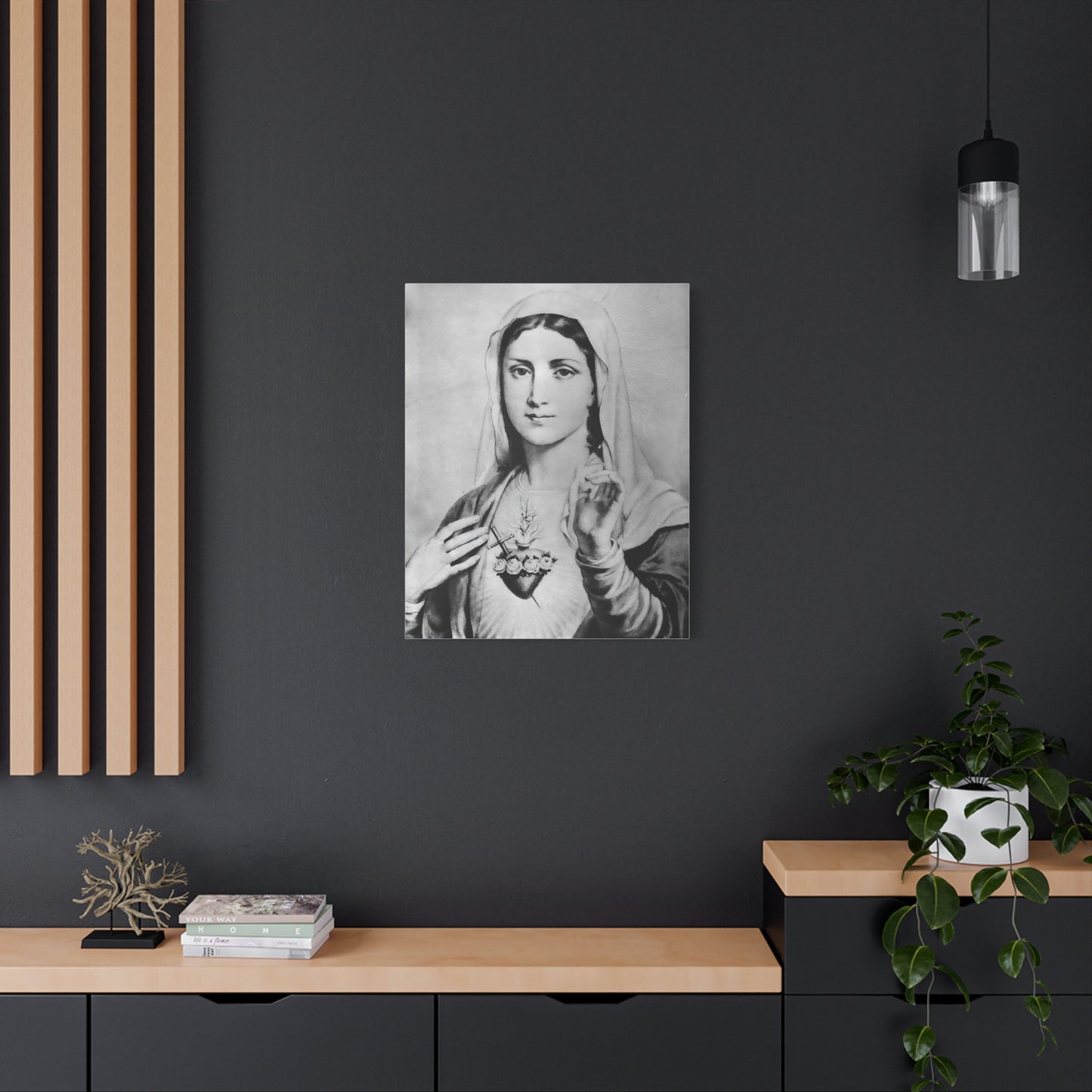 Ready To Hang - Black and White Mother Mary Immaculate Heart Catholic Canvas Wall Art, Christian Decor