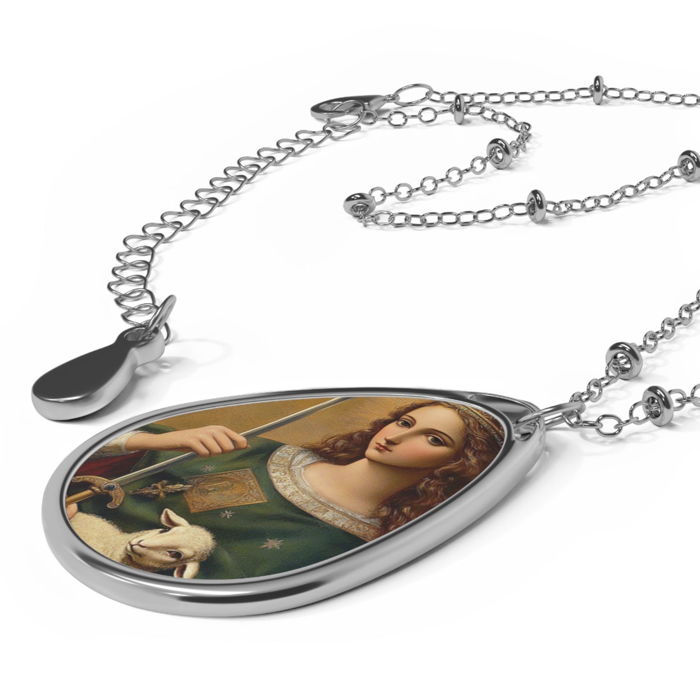 St Agnes Necklace Drop Oval Pendant Silver Tone Medal