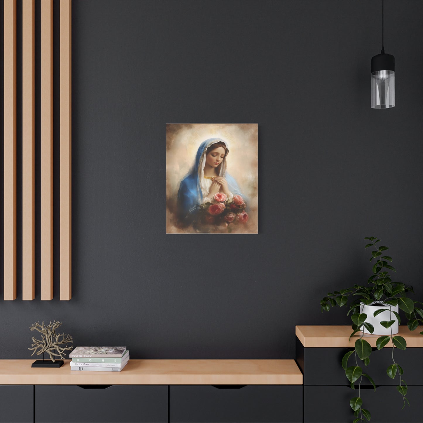 Mother Mary with Roses Catholic Canvas Wall Art, Christian Decor