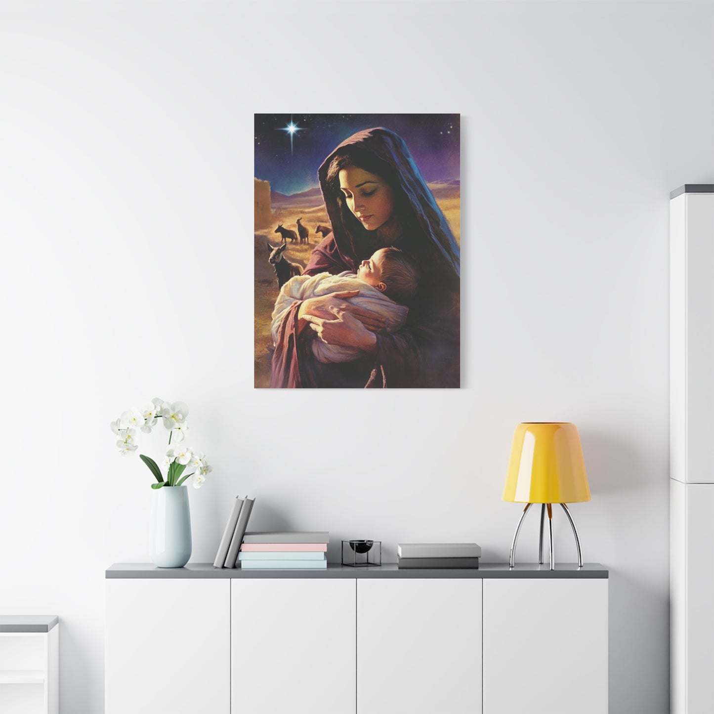 Mother Mary and Newborn Jesus Nativity Star Catholic Canvas Wall Art, Christian Decor