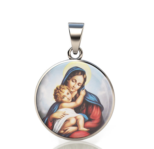 Our Lady Mary 925 Sterling Silver Round III Pendant Christian Religious Medal Small 20mm