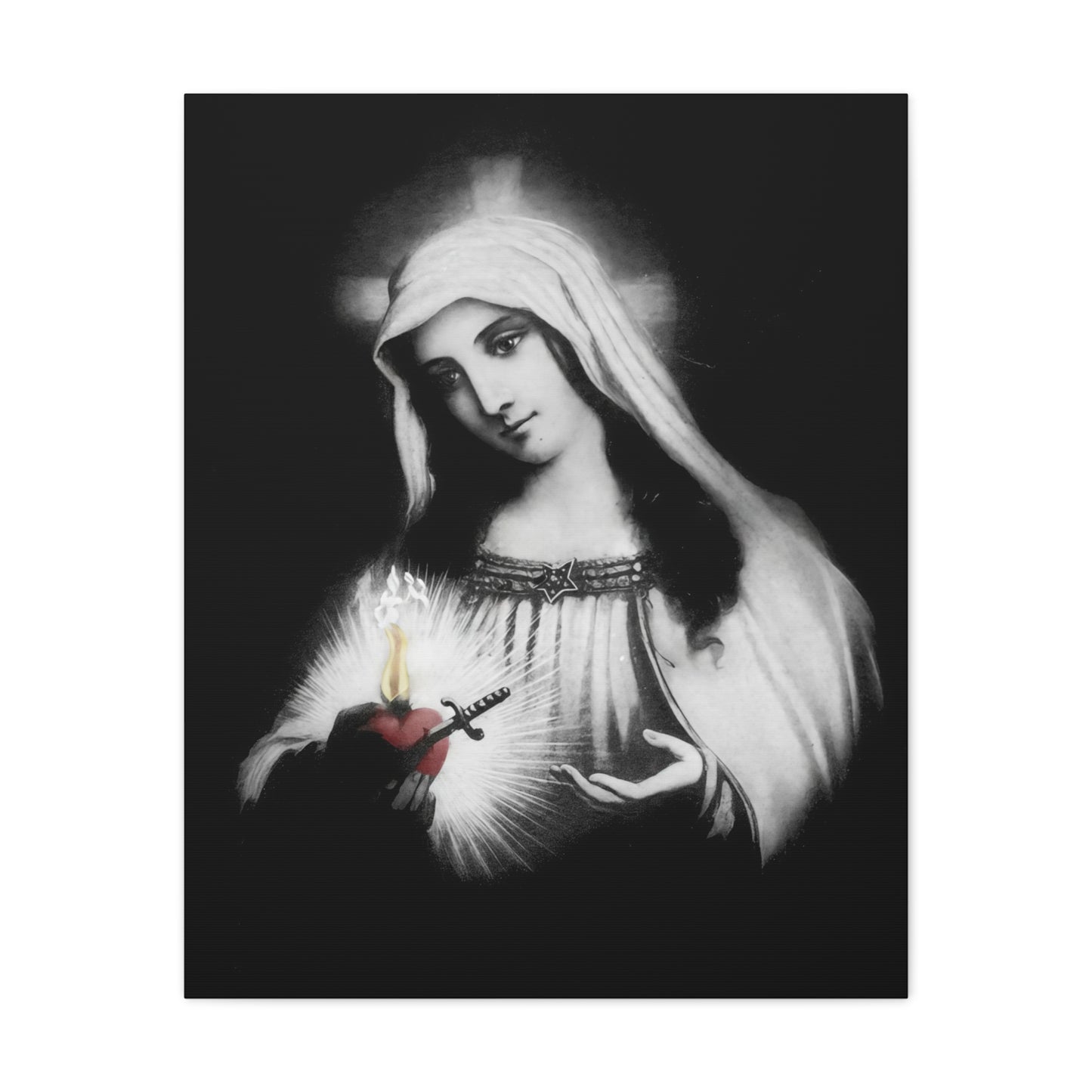 Ready To Hang - Mother Mary Immaculate Heart Catholic Sorrowful Mary Canvas Wall Art, Christian Decor Black and White
