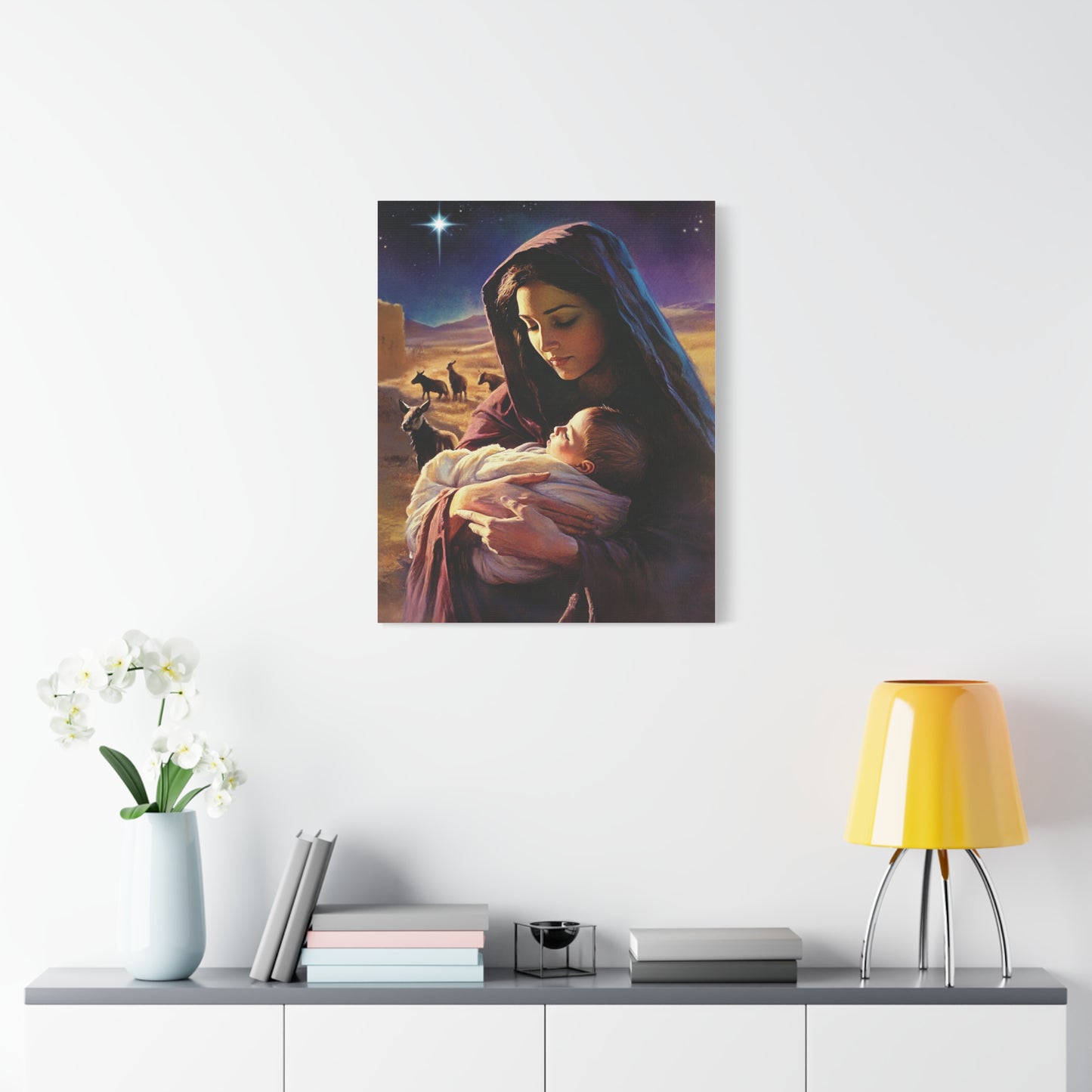 Mother Mary and Newborn Jesus Nativity Star Catholic Canvas Wall Art, Christian Decor