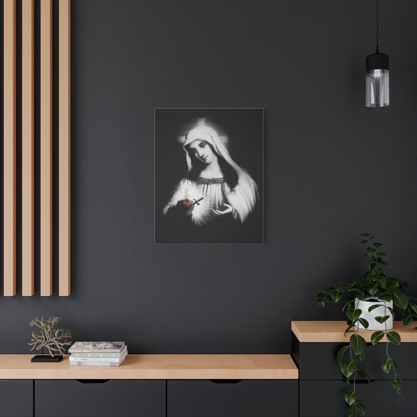 Ready To Hang - Mother Mary Immaculate Heart Catholic Sorrowful Mary Canvas Wall Art, Christian Decor Black and White
