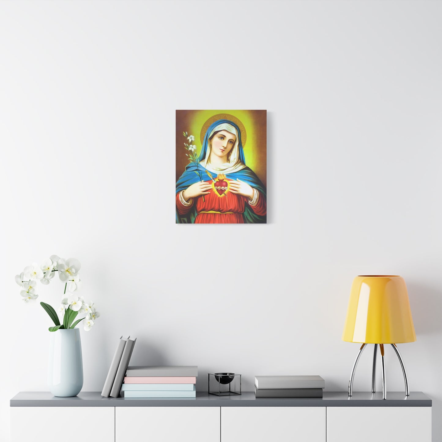 Ready To Hang - Mother Mary Immaculate Heart and Lilies Catholic Canvas Wall Art, Christian Decor