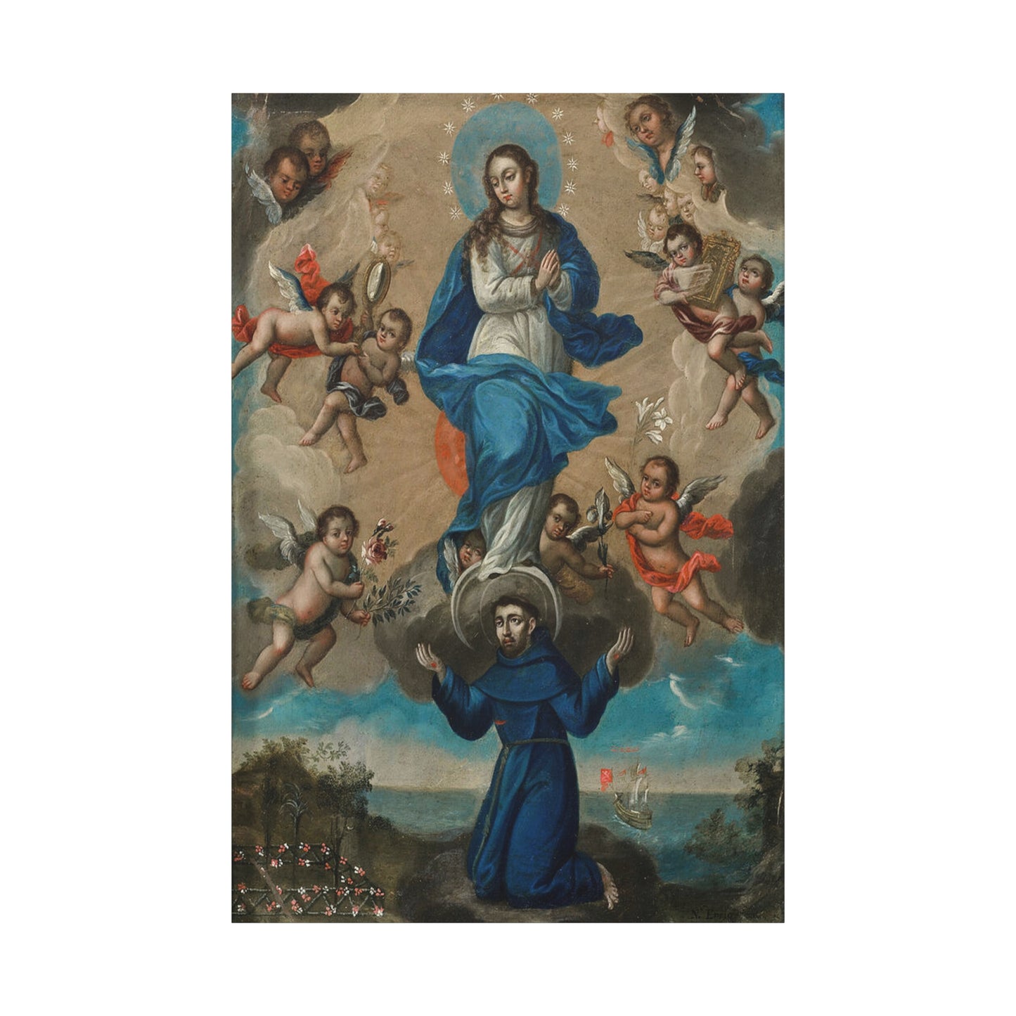 Immaculate Conception with Saint Francis and Angels Catholic HQ Print on Canvas Ready To Hang - Virgin Mary Canvas