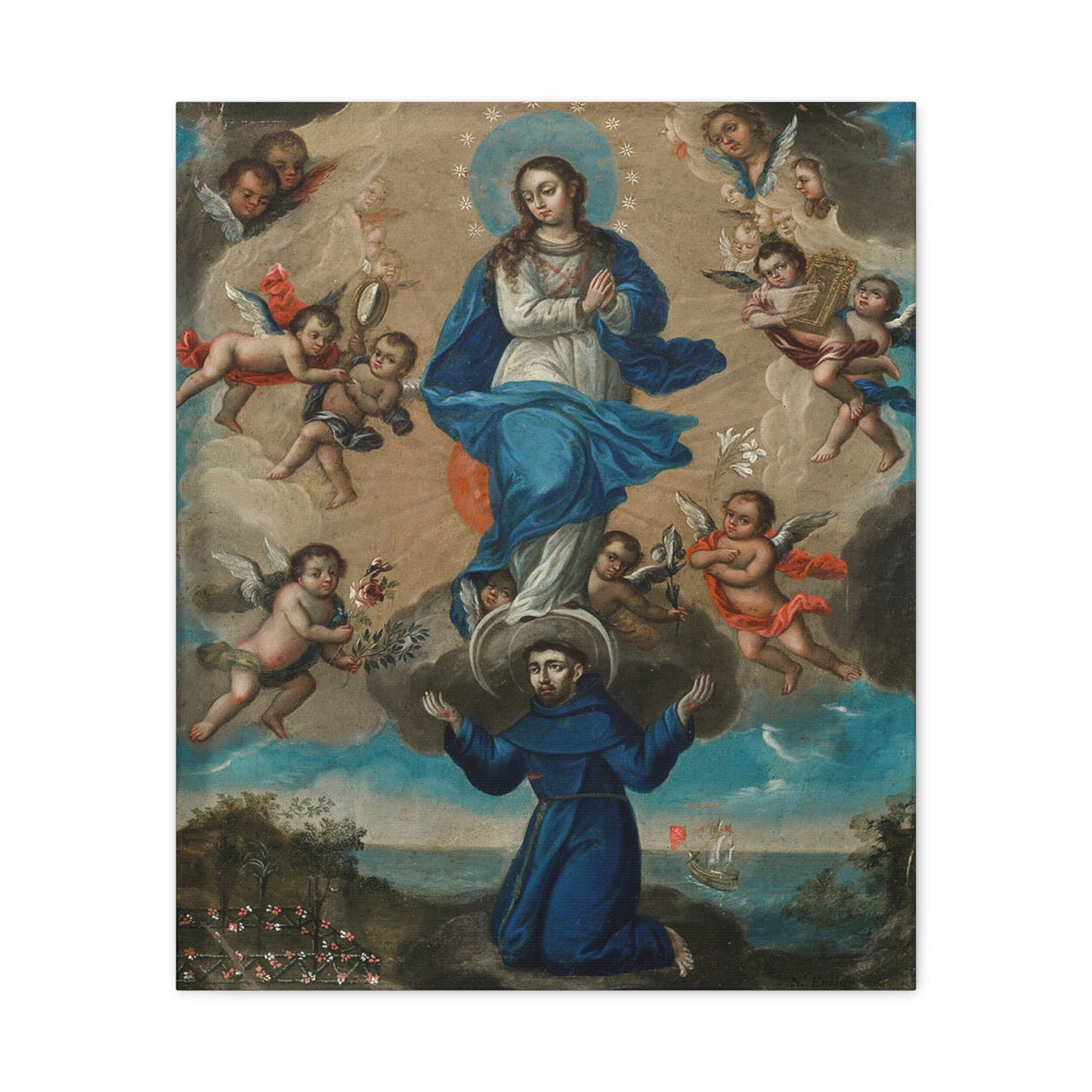 Immaculate Conception with Saint Francis and Angels Catholic HQ Print on Canvas Ready To Hang - Virgin Mary Canvas
