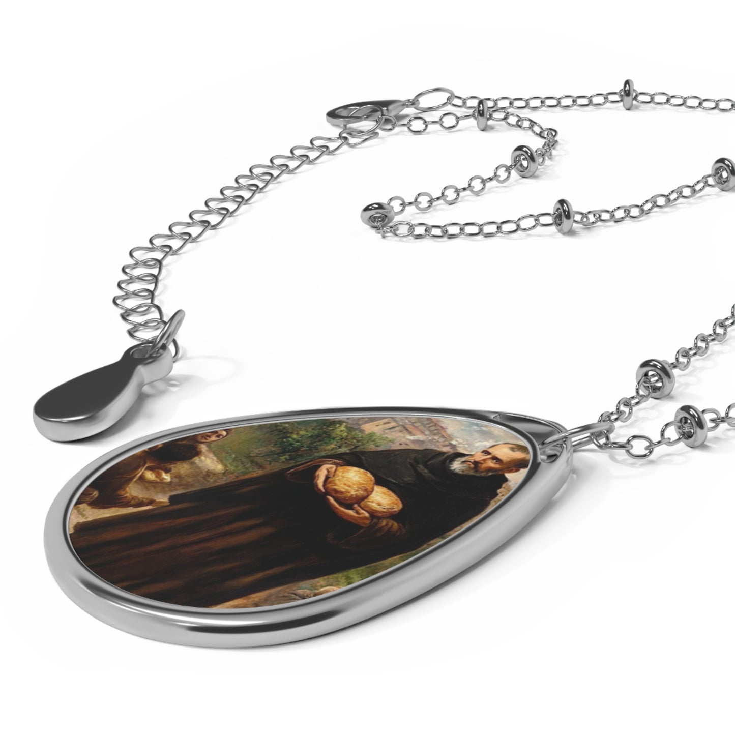 Albert Adam Chmielowski Necklace Drop Oval Pendant Silver Tone Medal