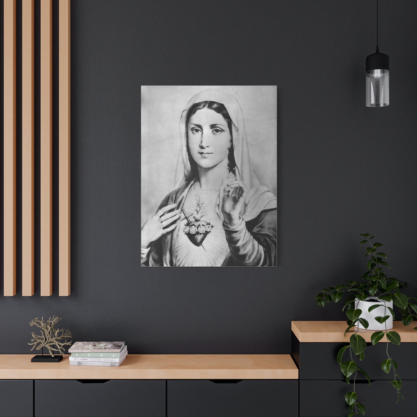 Ready To Hang - Black and White Mother Mary Immaculate Heart Catholic Canvas Wall Art, Christian Decor