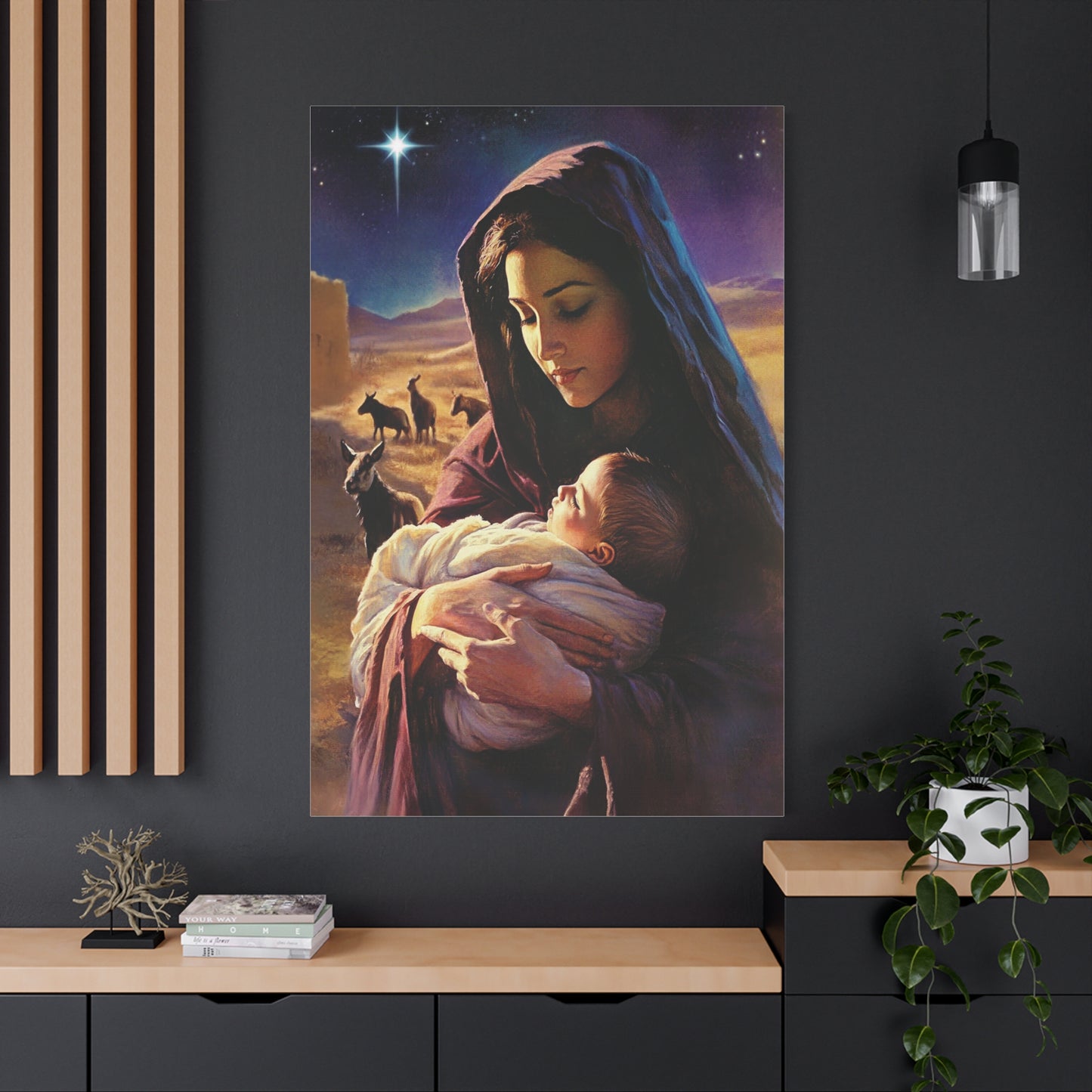 Mother Mary and Newborn Jesus Nativity Star Catholic Canvas Wall Art, Christian Decor