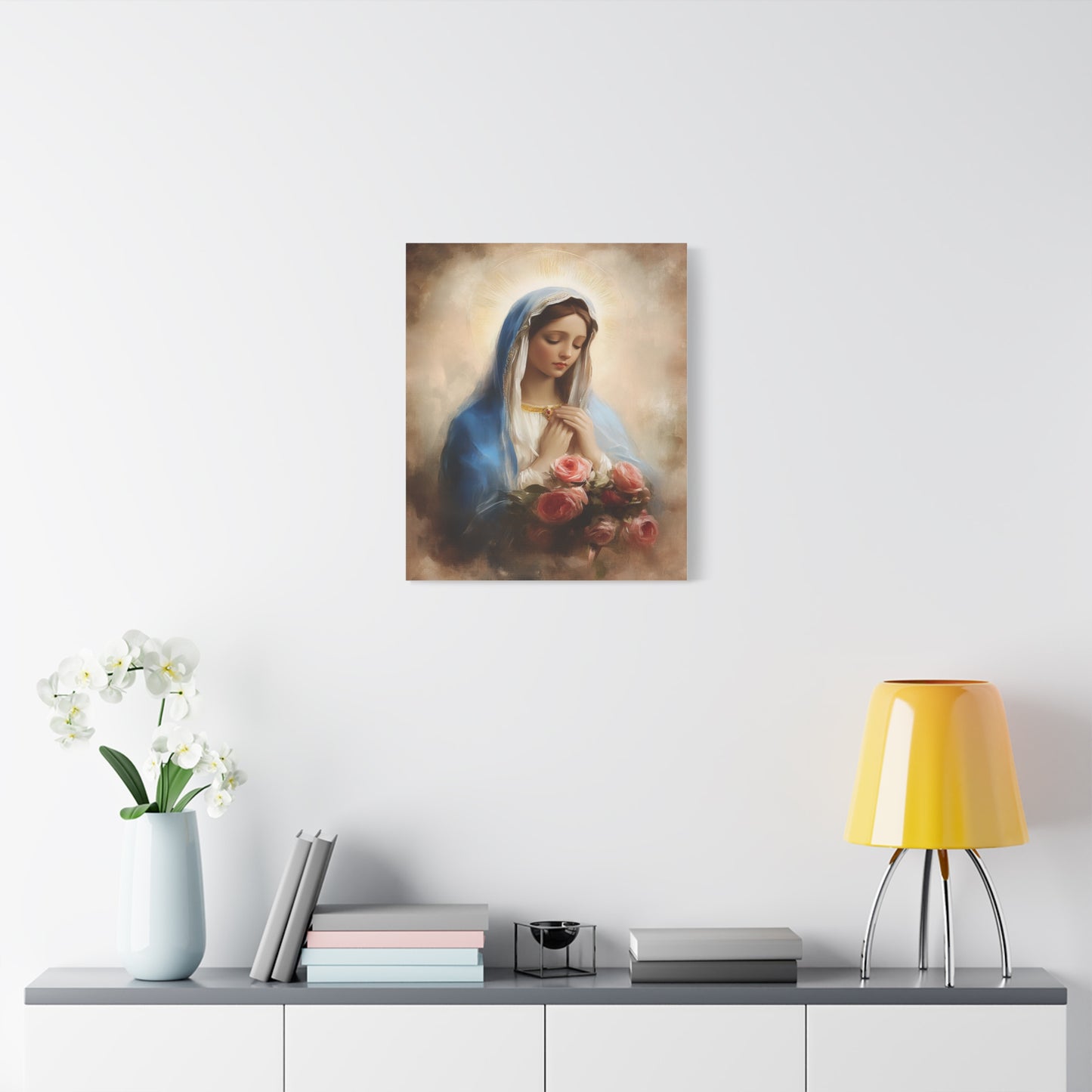 Mother Mary with Roses Catholic Canvas Wall Art, Christian Decor