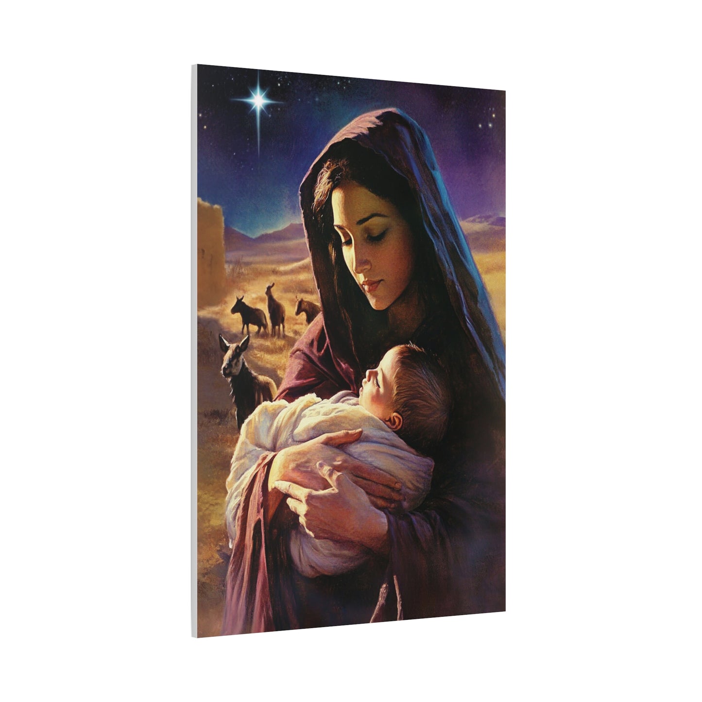 Mother Mary and Newborn Jesus Nativity Star Catholic Canvas Wall Art, Christian Decor