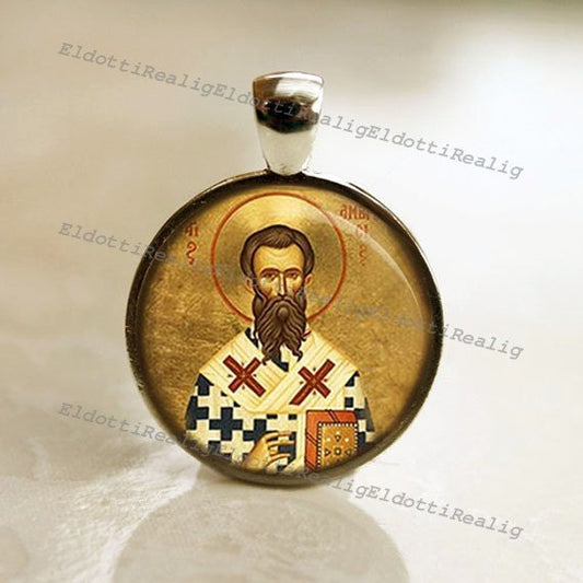 St. Ambrose Religious Christian Catholic Medal Pendant / Charm Cabochon with Glass Dome