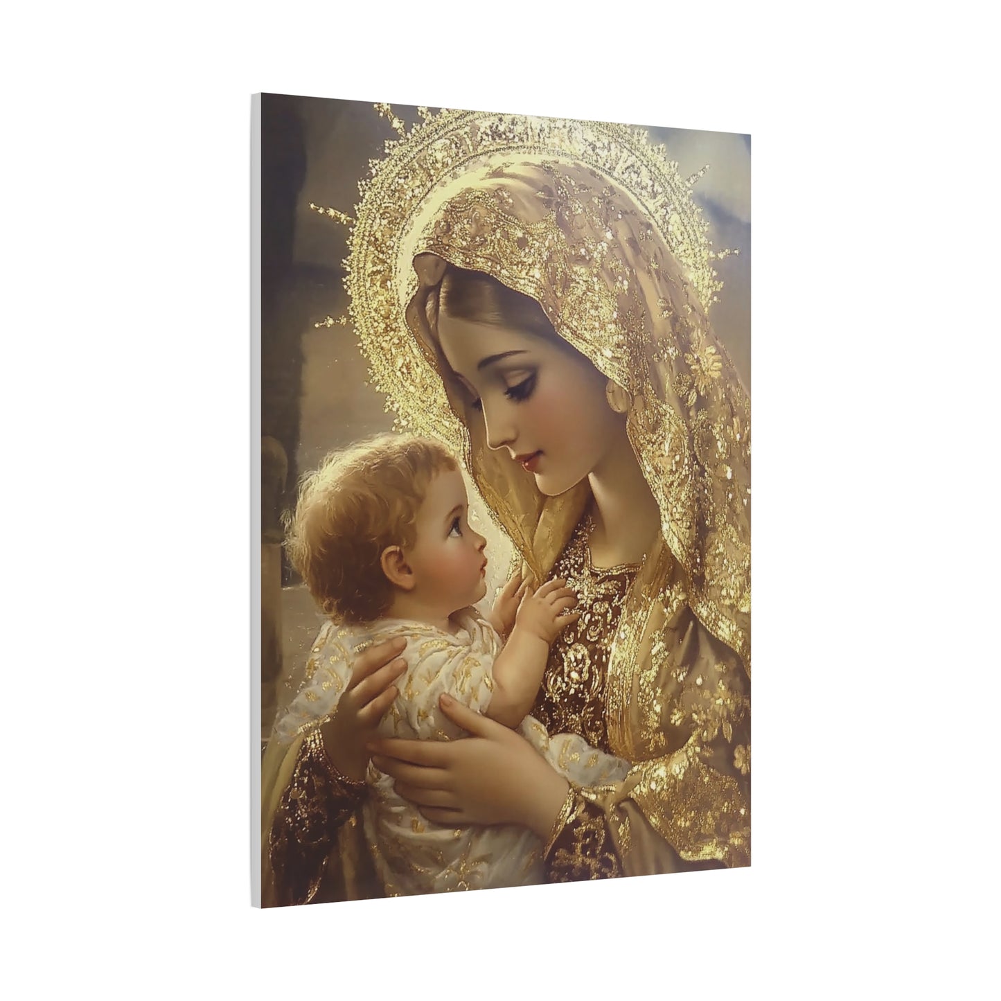 Mary and Baby in Gold Catholic Canvas Wall Art, Christian Decor