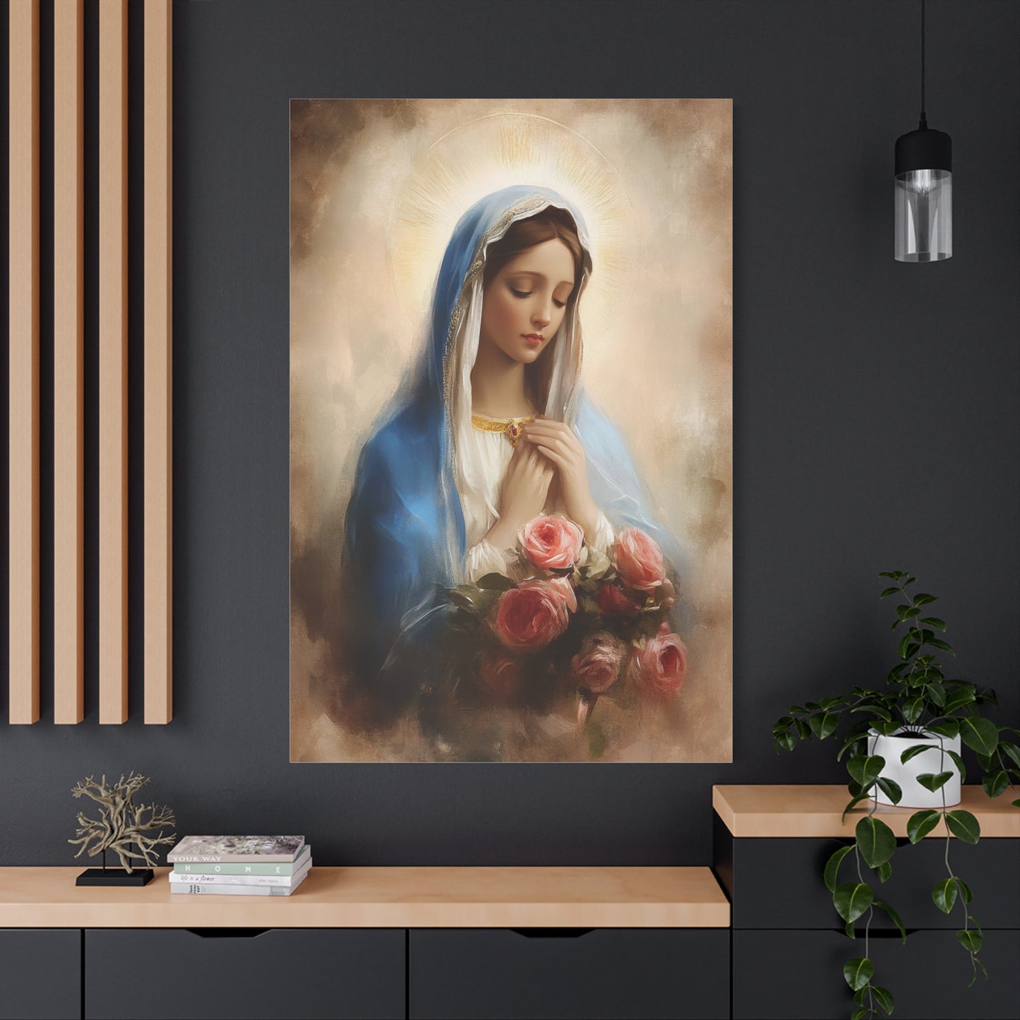 Mother Mary with Roses Catholic Canvas Wall Art, Christian Decor
