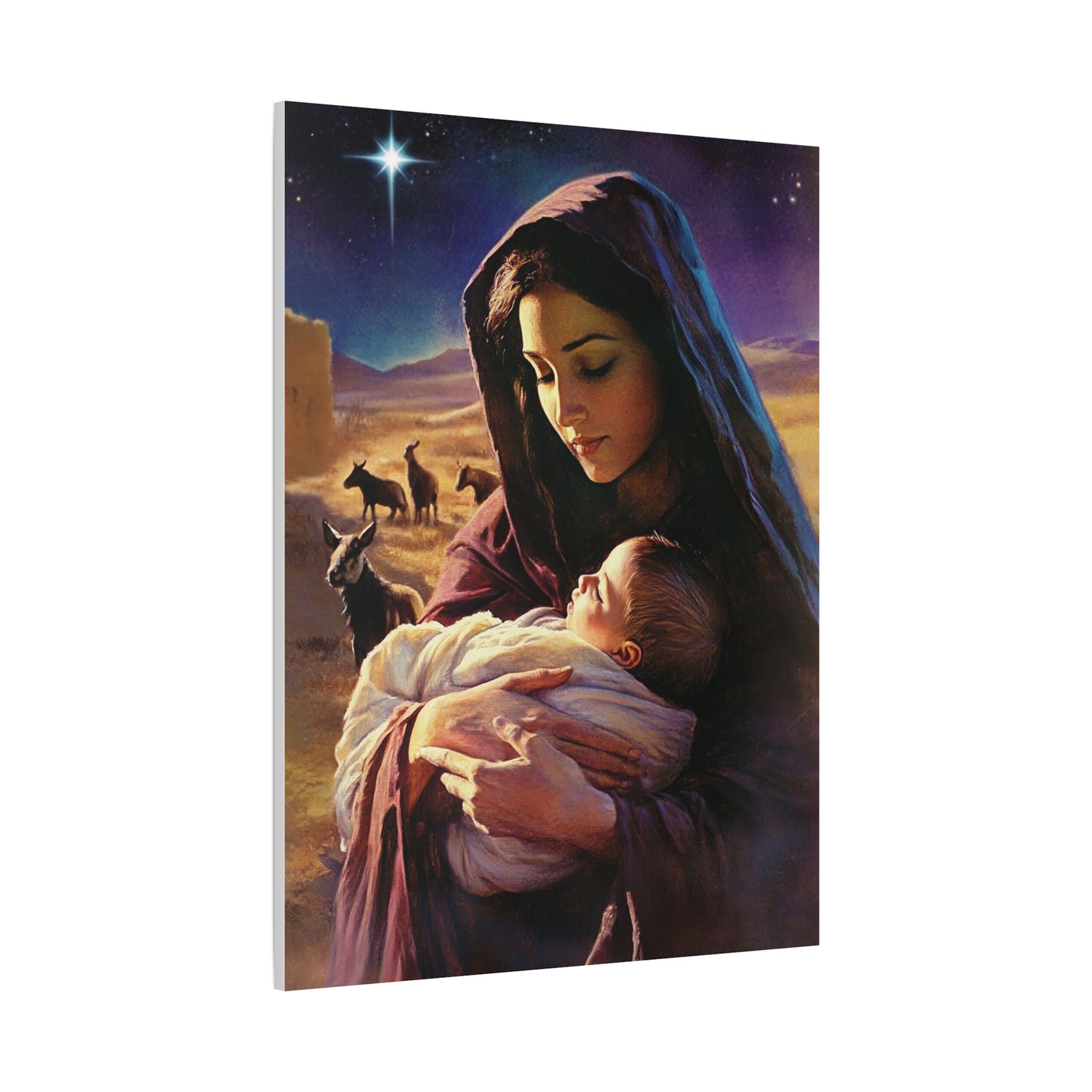 Mother Mary and Newborn Jesus Nativity Star Catholic Canvas Wall Art, Christian Decor