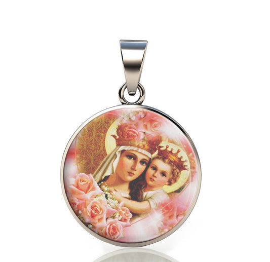 Our Lady Mary 925 Sterling Silver Round V Pendant Christian Religious Medal Small 20mm