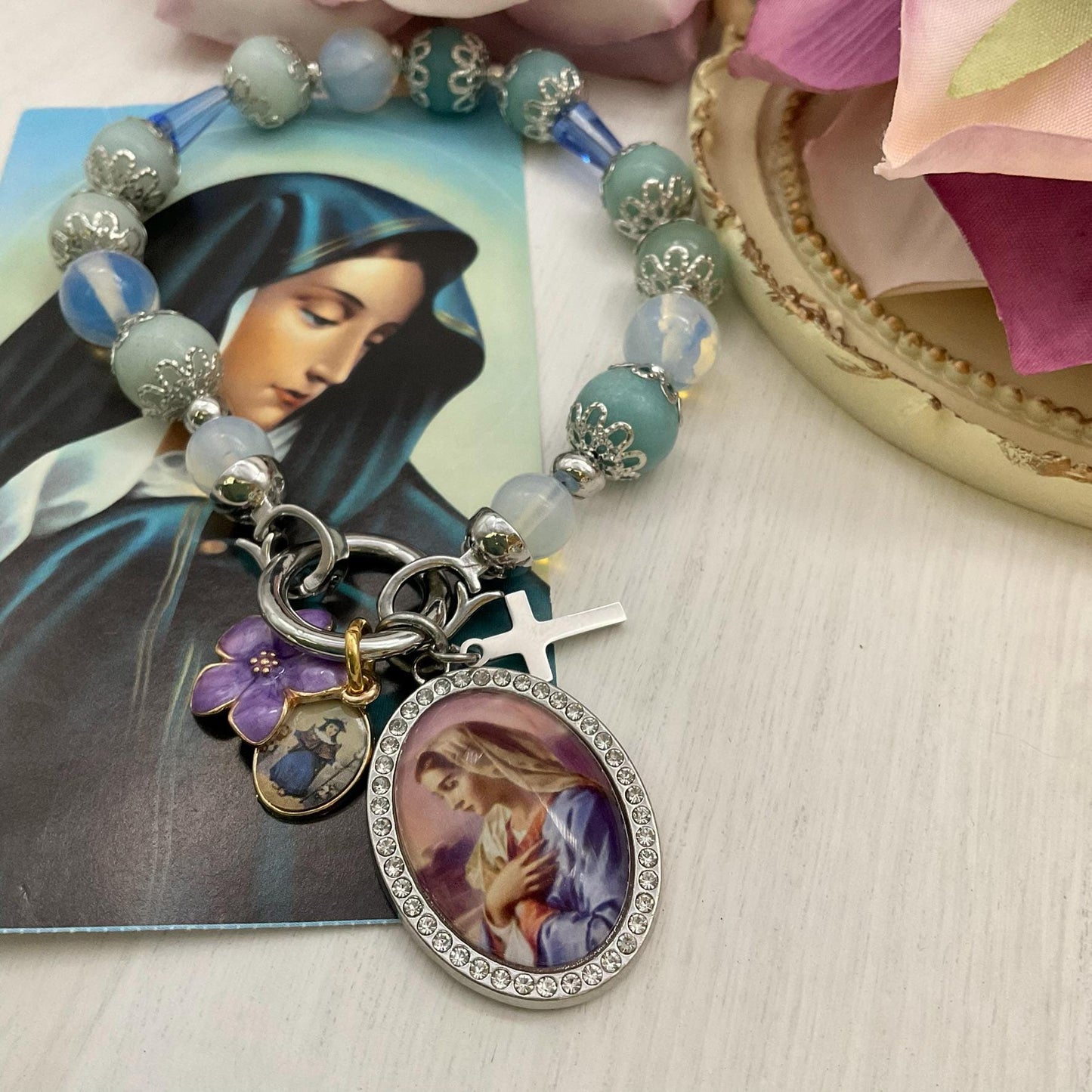 Our Lady of Mental Peace Catholic Blue Bracelet | Holy Infant of Atocha Jesus, Mary Aquamarine and Opalite Beads | Handmade Healing Jewelry