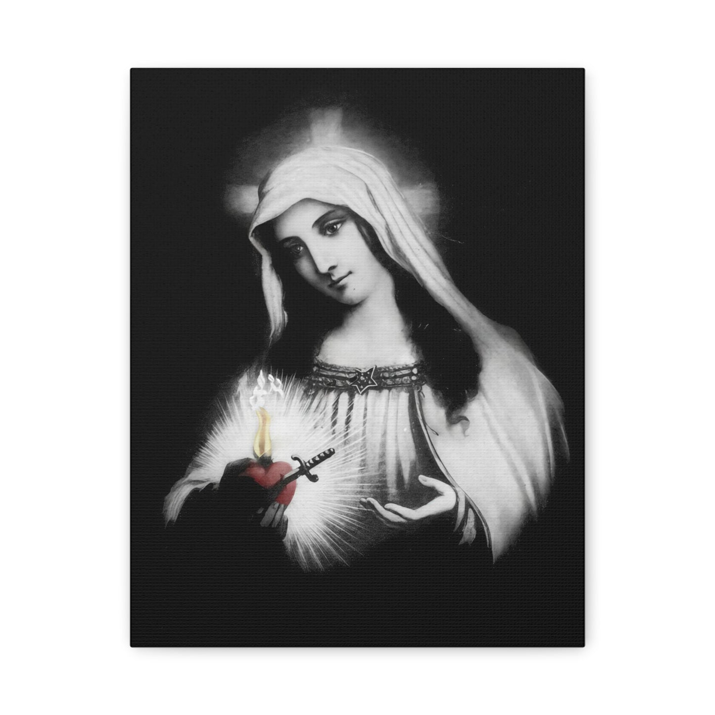 Ready To Hang - Mother Mary Immaculate Heart Catholic Sorrowful Mary Canvas Wall Art, Christian Decor Black and White