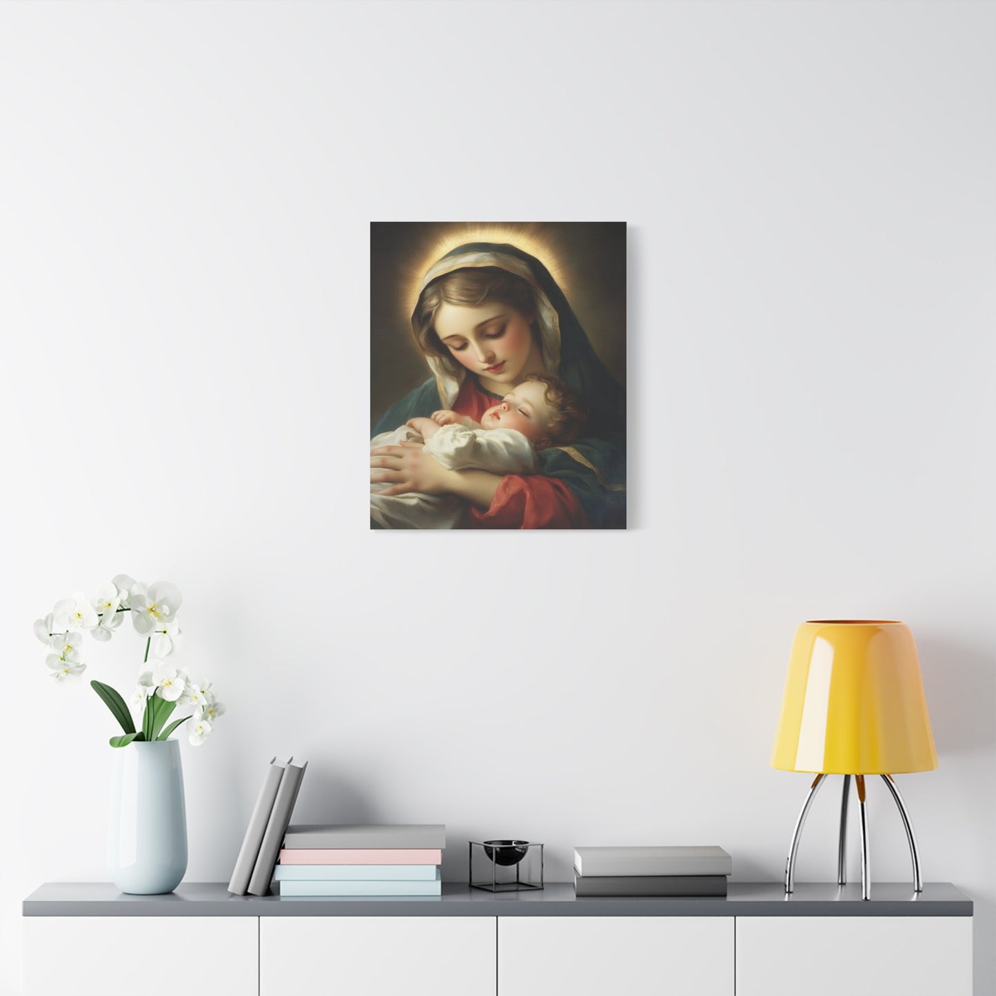 Mary and Sleeping Baby Jesus Catholic Canvas Wall Art, Christian Decor