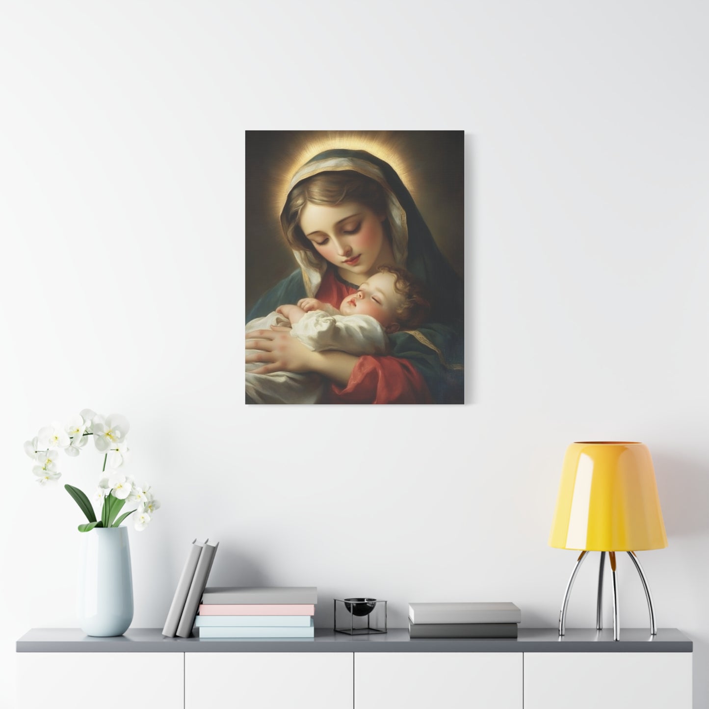 Mary and Sleeping Baby Jesus Catholic Canvas Wall Art, Christian Decor