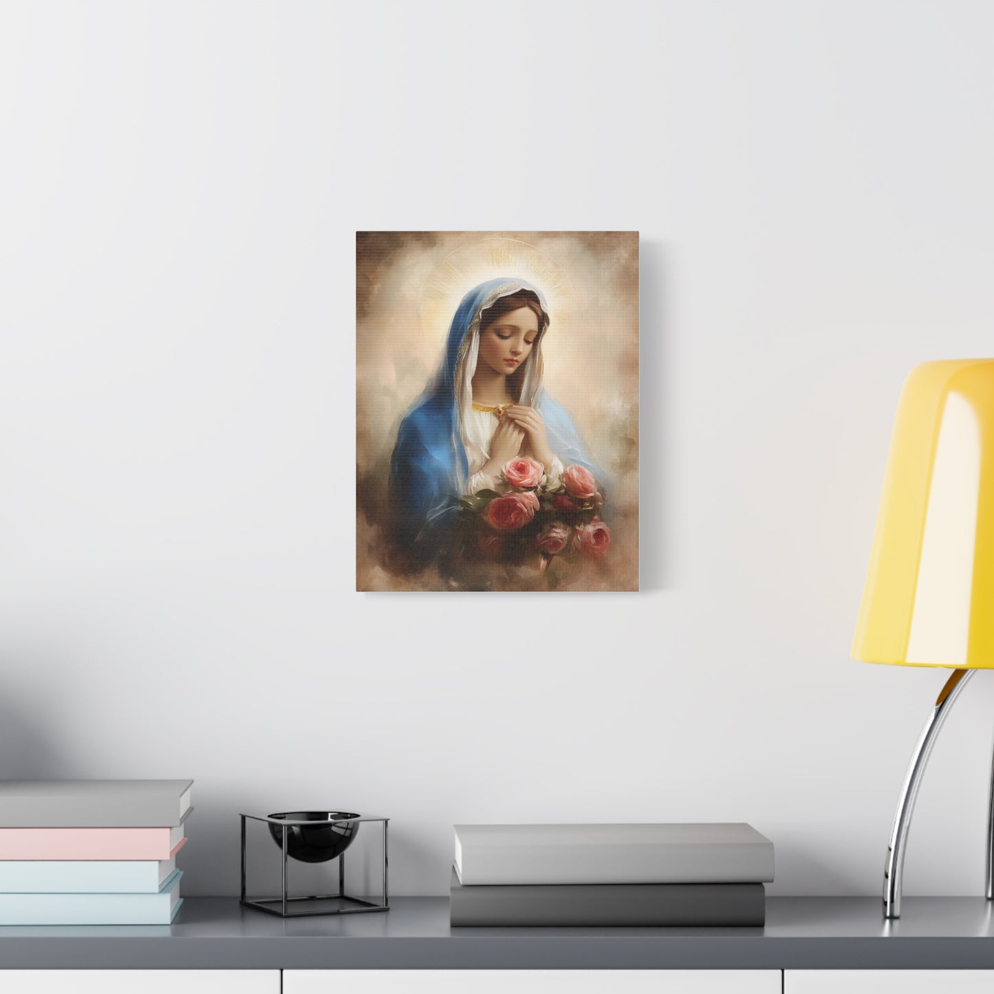 Mother Mary with Roses Catholic Canvas Wall Art, Christian Decor