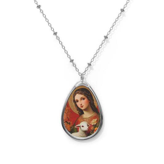 St Agnes Necklace Drop Oval Pendant Silver Tone Medal