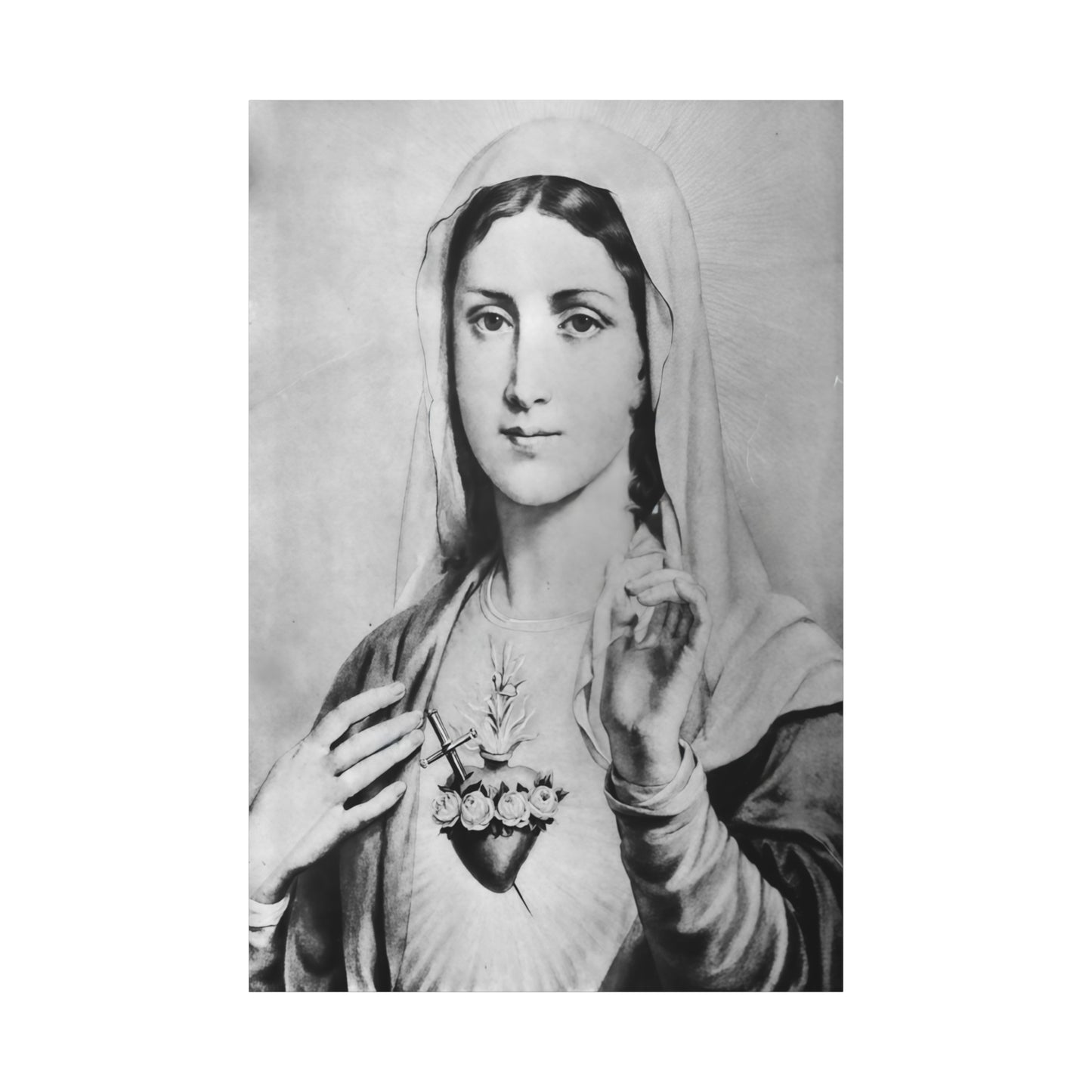 Ready To Hang - Black and White Mother Mary Immaculate Heart Catholic Canvas Wall Art, Christian Decor