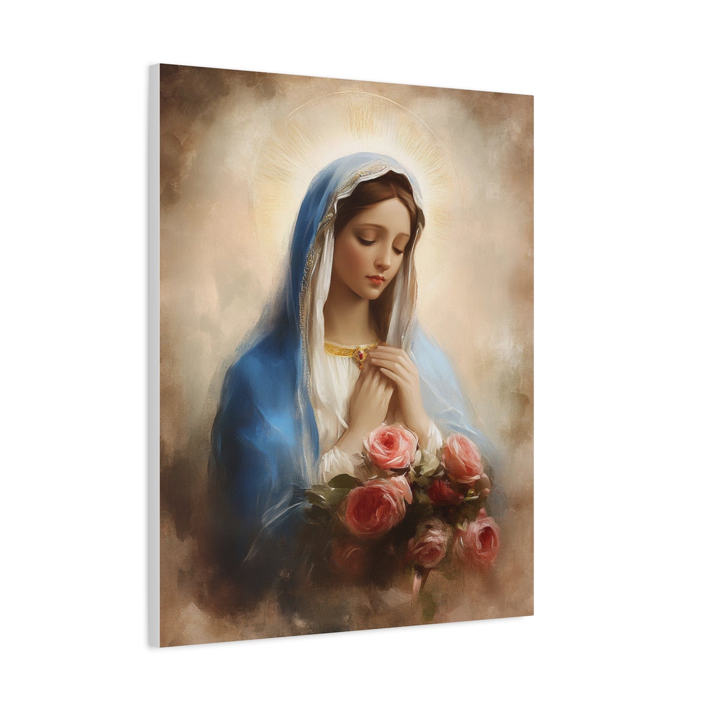 Mother Mary with Roses Catholic Canvas Wall Art, Christian Decor