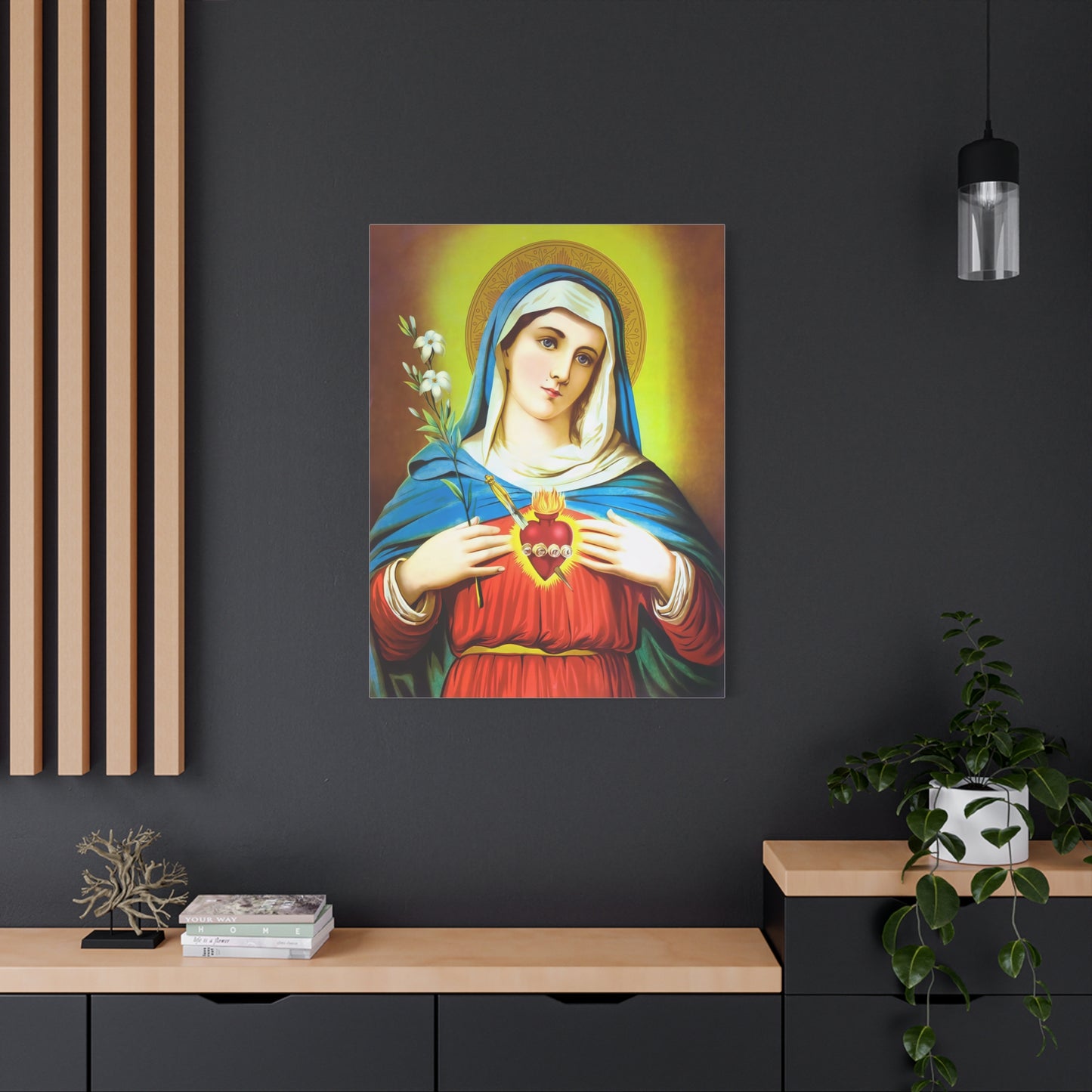 Ready To Hang - Mother Mary Immaculate Heart and Lilies Catholic Canvas Wall Art, Christian Decor
