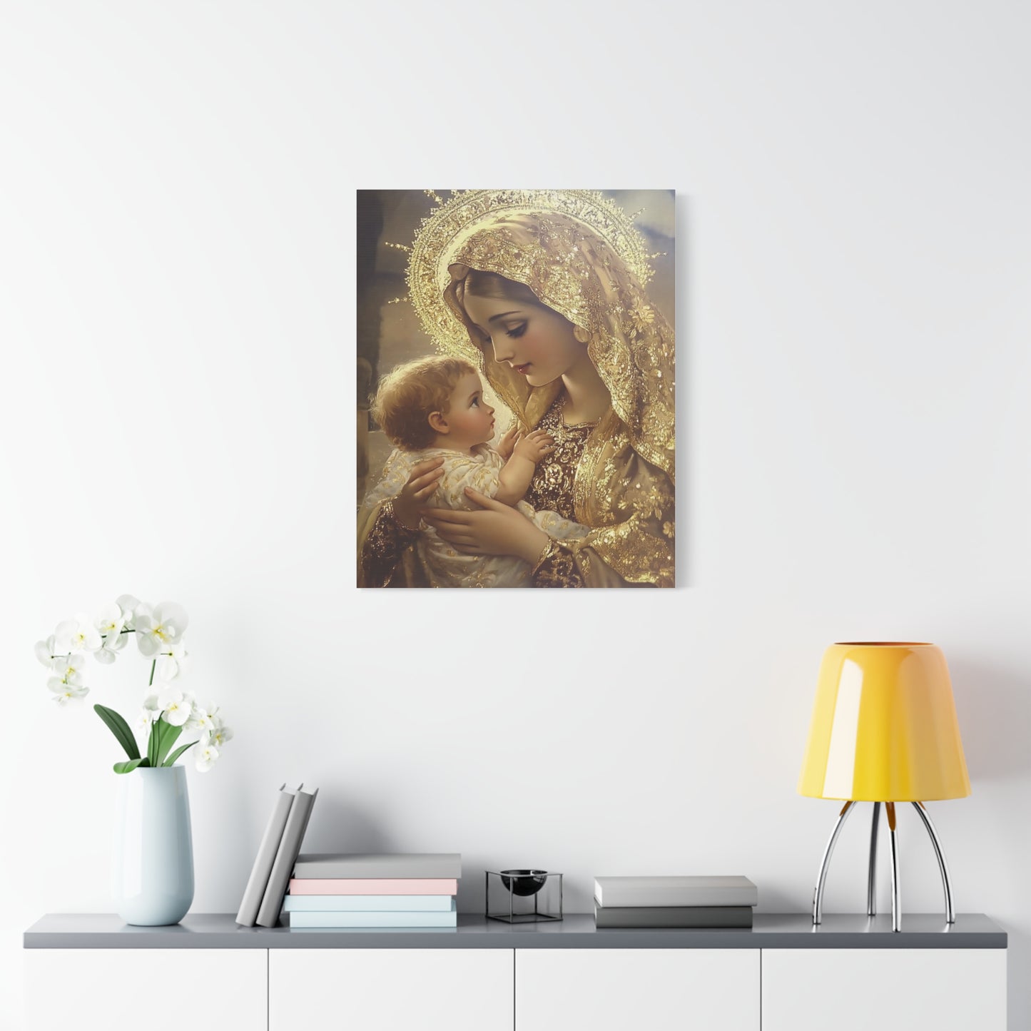 Mary and Baby in Gold Catholic Canvas Wall Art, Christian Decor
